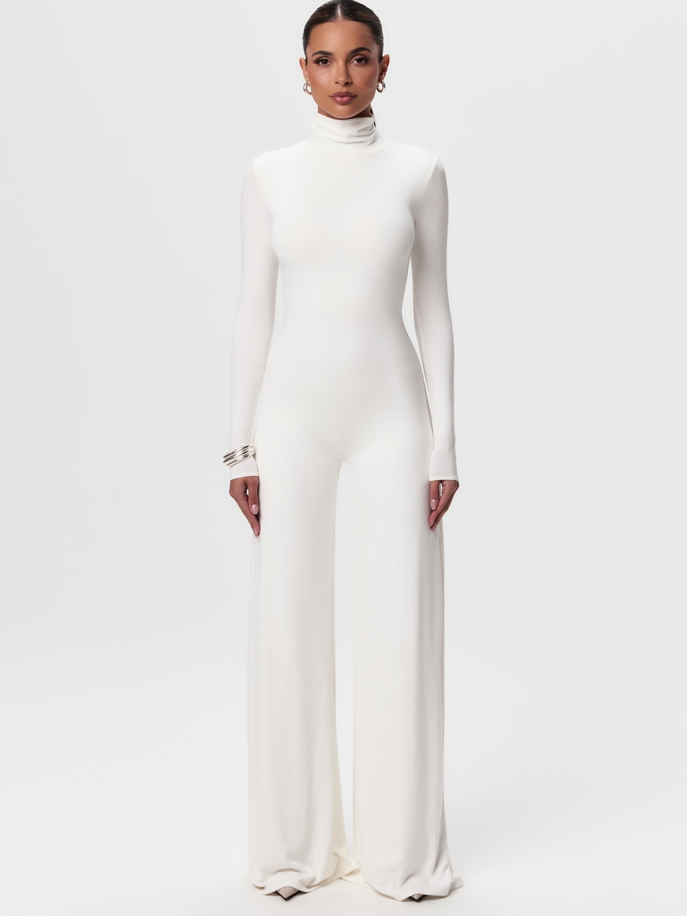 NWT Naked Wardrobe Sculpt WideLeg Women's Cream Turtleneck Wide-Leg Jumpsuit -Sm